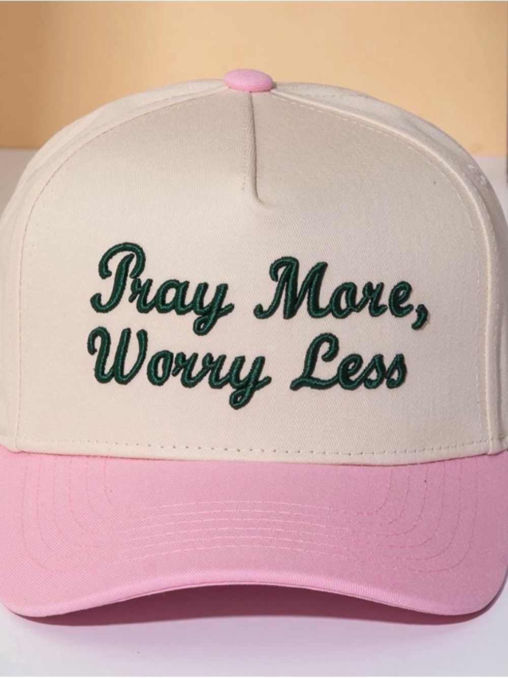 Embroidered 'Pray More, Worry Less' Two-Tone Cap - Pink & Cream